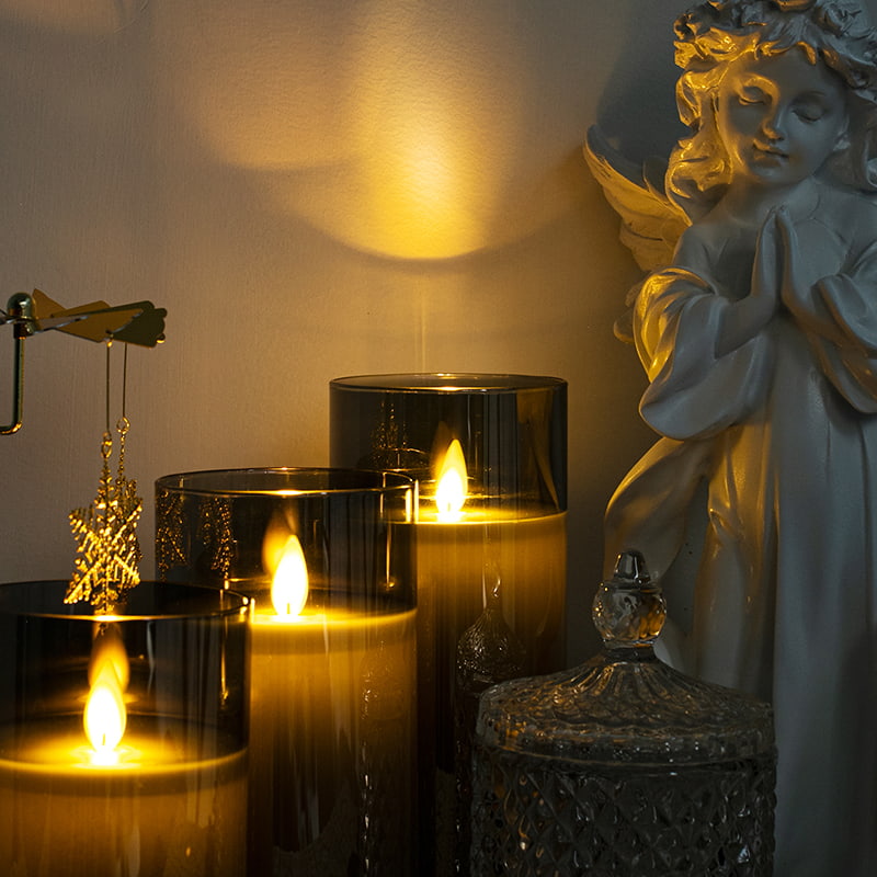 Pacote de 3 velas de vidro cinza sem chama com controle remoto