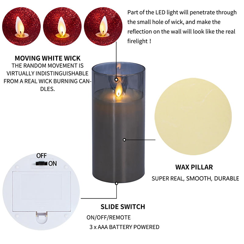 Pacote de 3 velas de vidro cinza sem chama com controle remoto