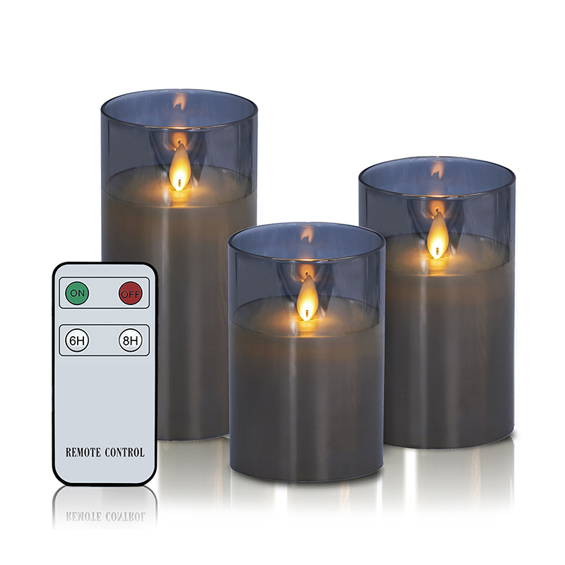 Pacote de 3 velas de vidro cinza sem chama com controle remoto